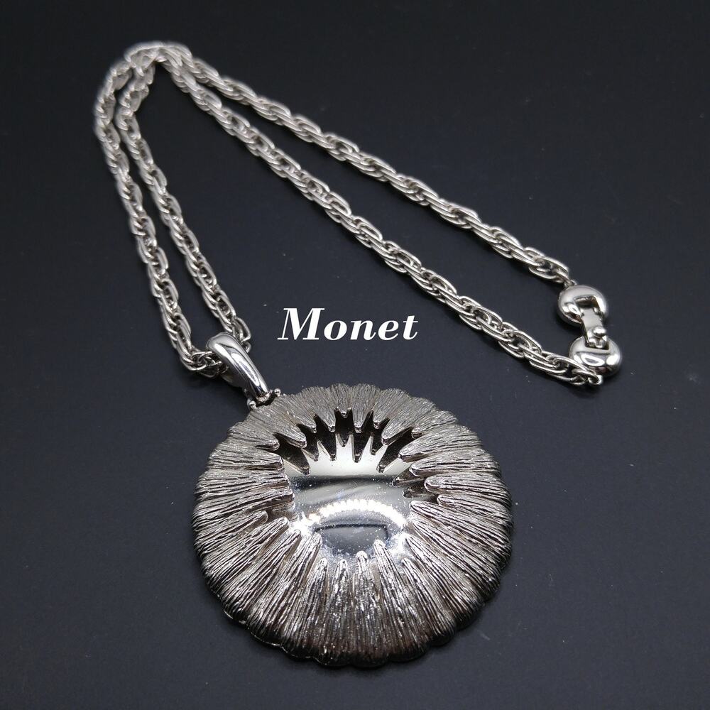Vintage Monet Rhodium Plated Modernist Pendant Necklace 1960s